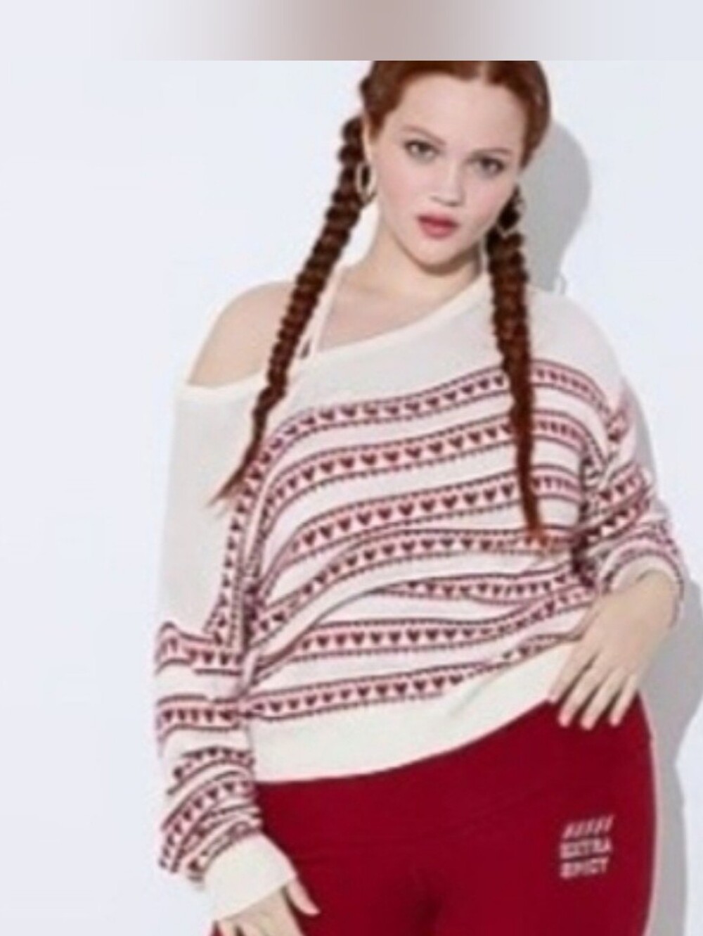 PINK Victoria's Secret Cream & Burgundy Off-Shoulder Knit Sweater